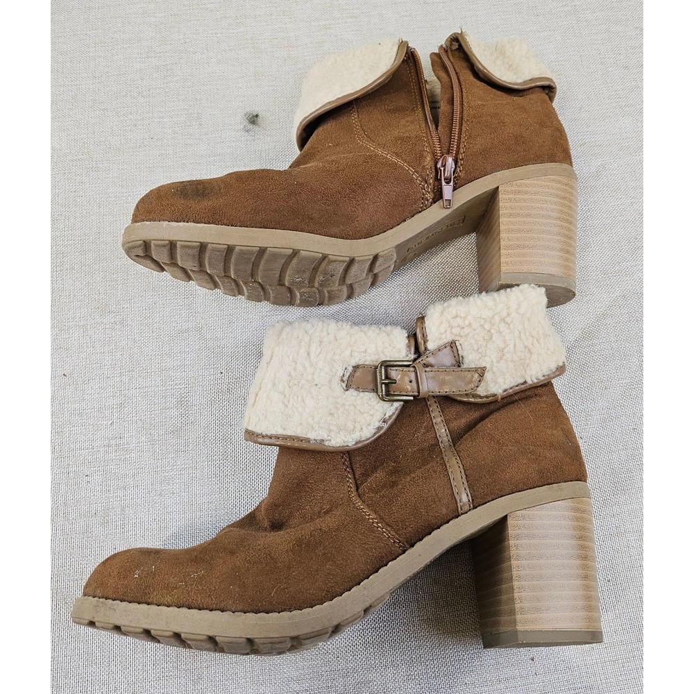 Lane Bryant Brown Faux Suede Ankle Boots Faux Shearling Trim Heel Womens Size 8W